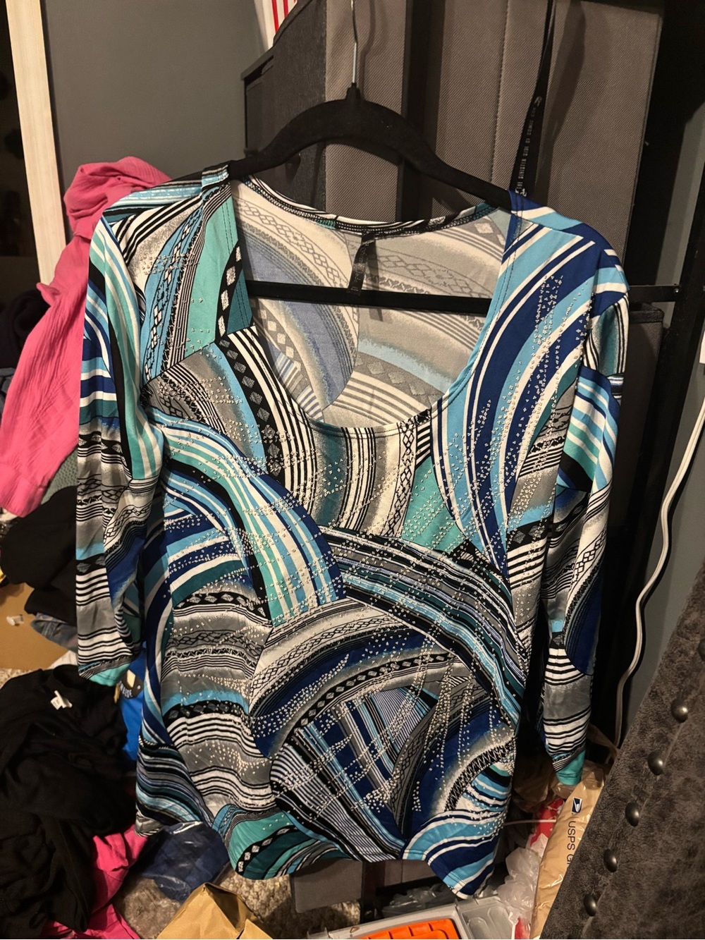 Forever Jade Blue & Teal Abstract Print Long Sleeve Top XL